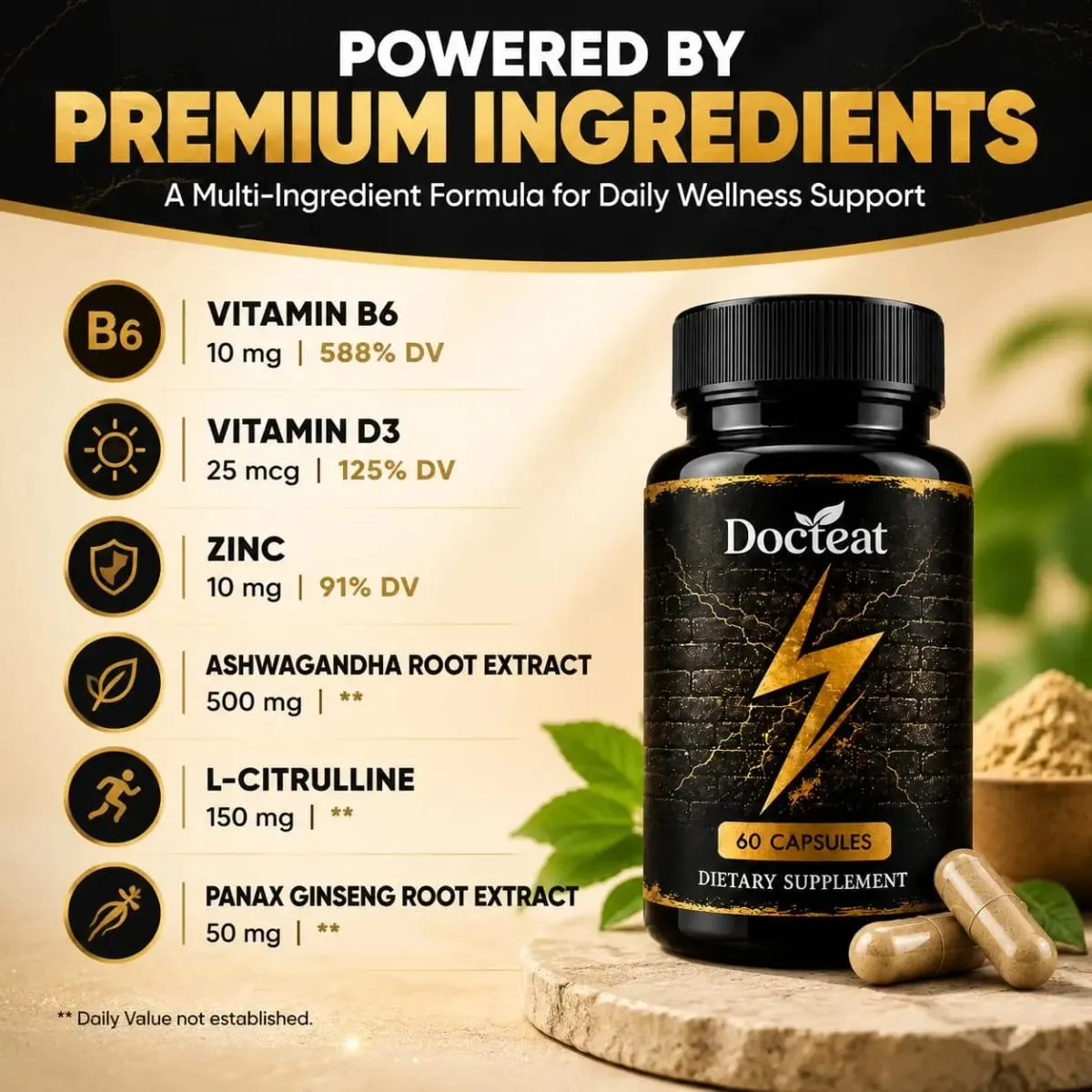 Docteat Men's Energy & Vitality Capsules with B6 D3 Zinc Ashwagandha L-Citrulline Panax Ginseng Daily Support 60 Capsules