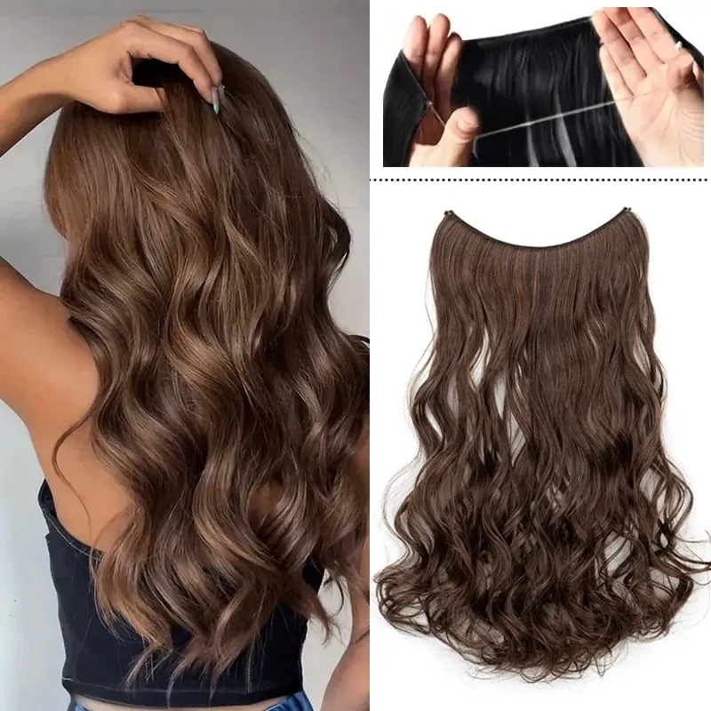18Inch Synthetic Long Wavy Curly Hair Extension Invisible Fishing Line Soft Multi-Color Hairpiece for Women Daily Use