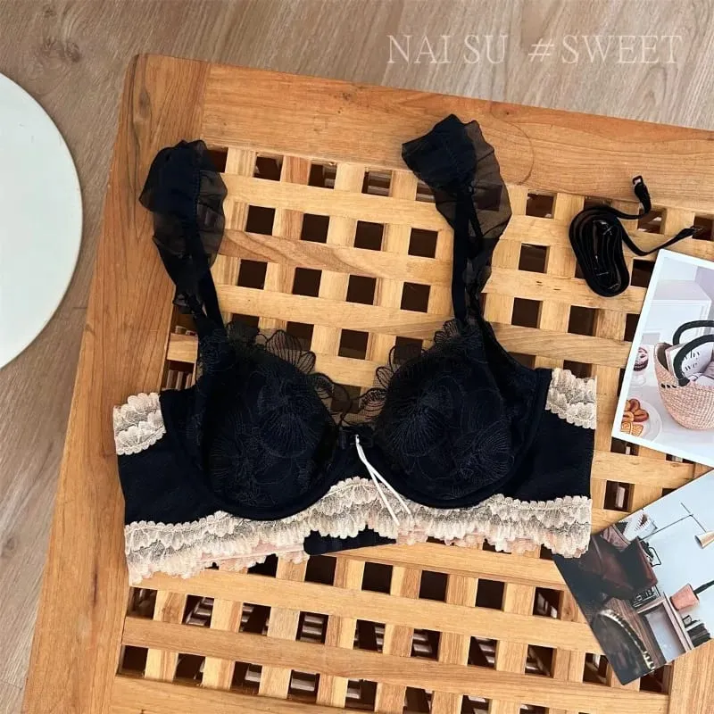 Sexy Anime Minimizer Bra Large Bust Rabbit Ear Cup French Lace Bralette Ultra Thin Retro Wirefree Support Comfort Set S-XL Tushy