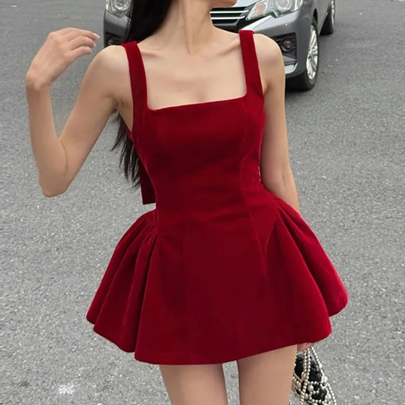 Moda vermelho bowknot mini vestido cintas gola quadrada sem mangas sem costas vintage bonito senhoras magro festa curto a-line vestidos