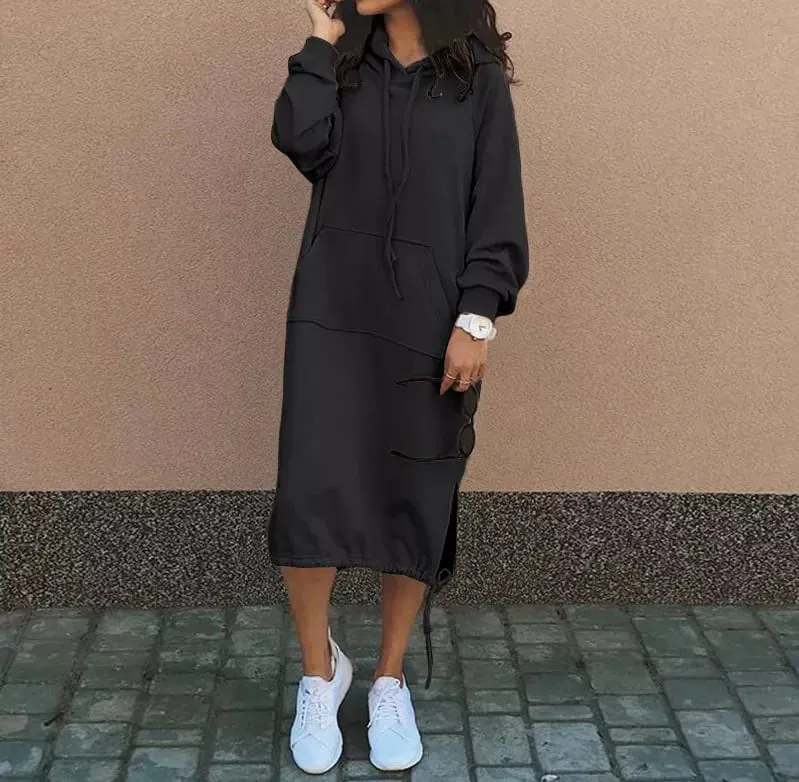 Gaun Panjang Hoodie Hangat Belahan Saku Elegan Berkerudung Besar Jubah Sweter Wanita Baru Mode Musim Gugur dan Musim Dingin 2023
