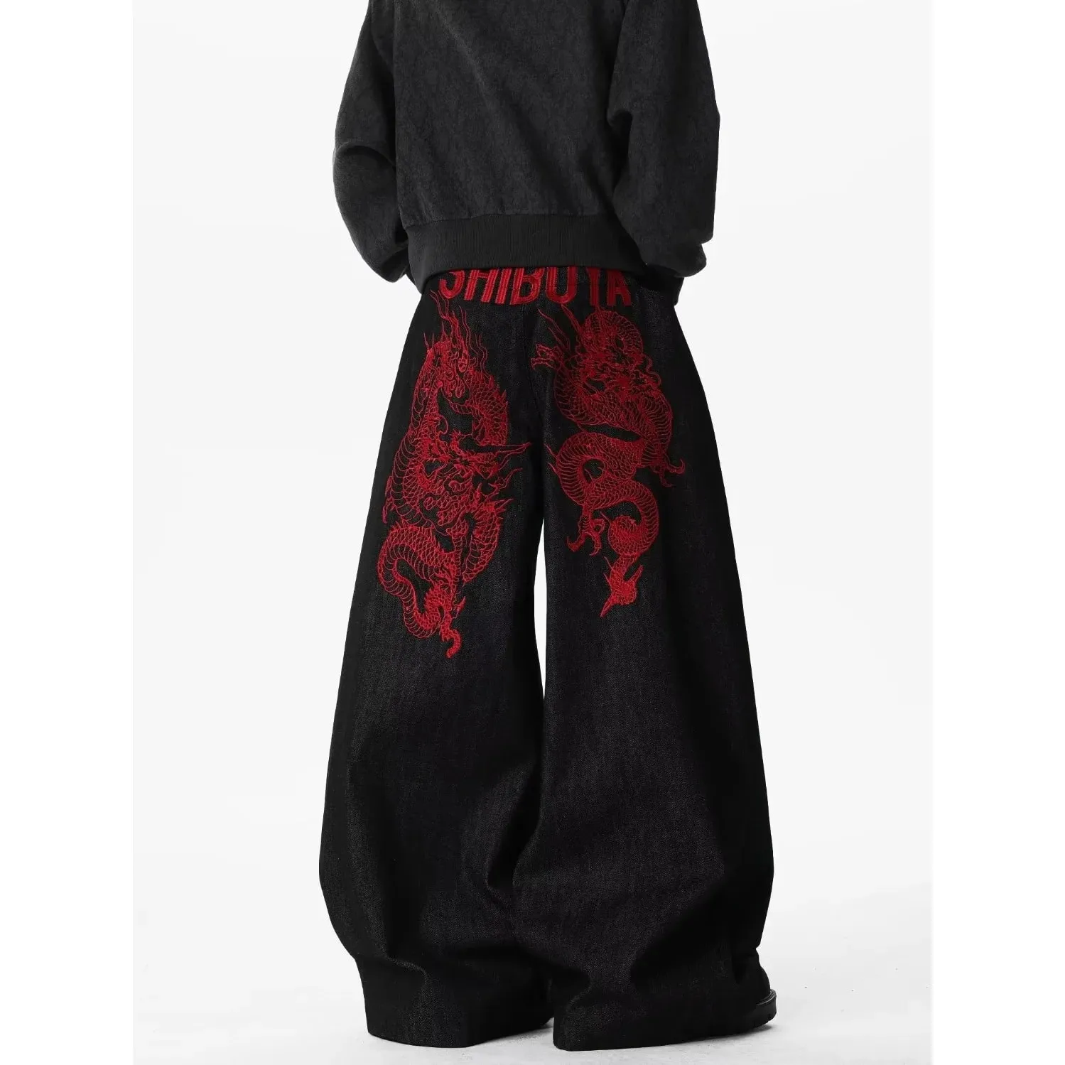 Retro Red Dragon Embroidery Wide Leg Knife Edge Jeans for both men and women Y2K street cool floor length wide leg pants