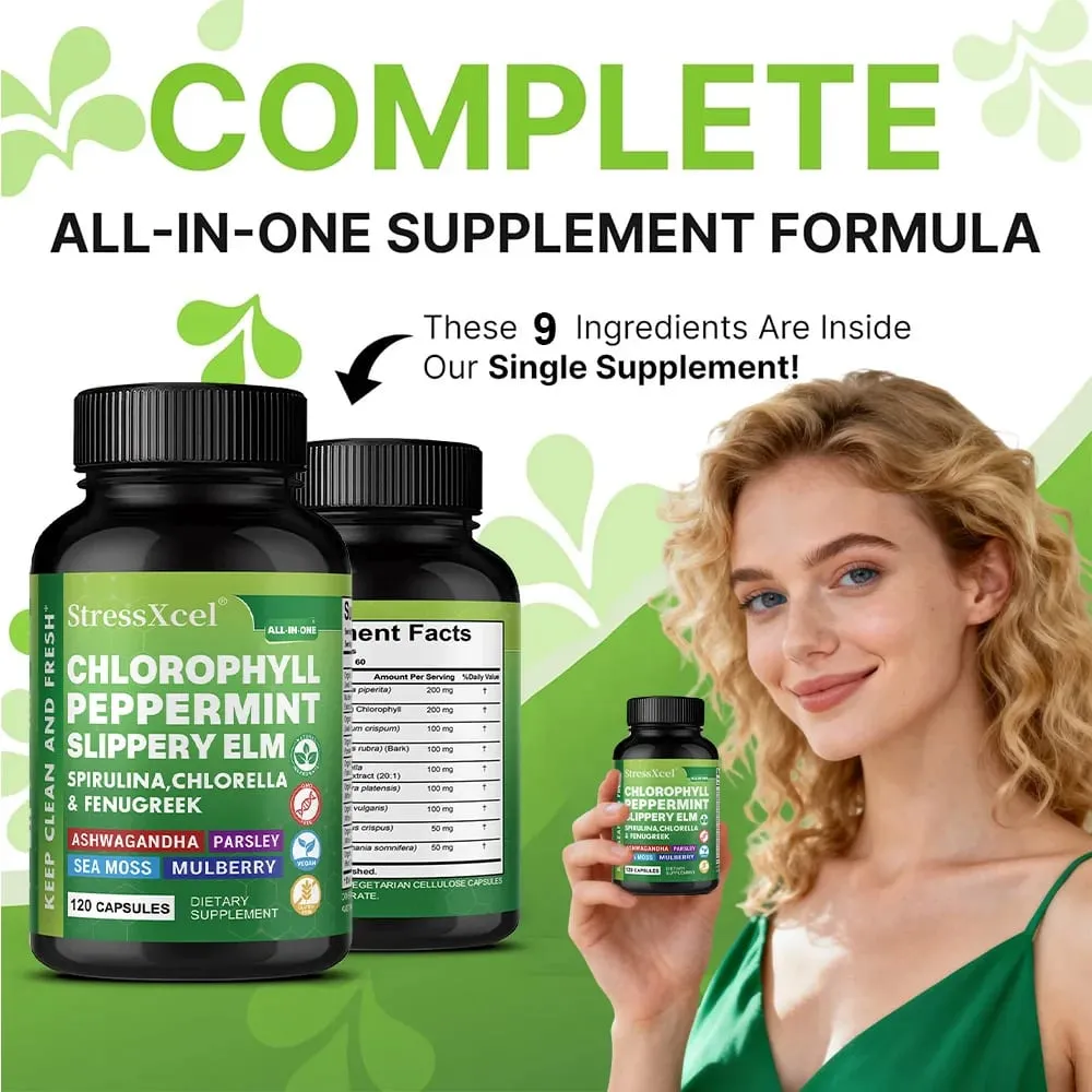 Chlorophyll Capsules with Peppermint - Supports Internal Cleanse Gut Health pH Balance Natural Freshness & Daily Wellness
