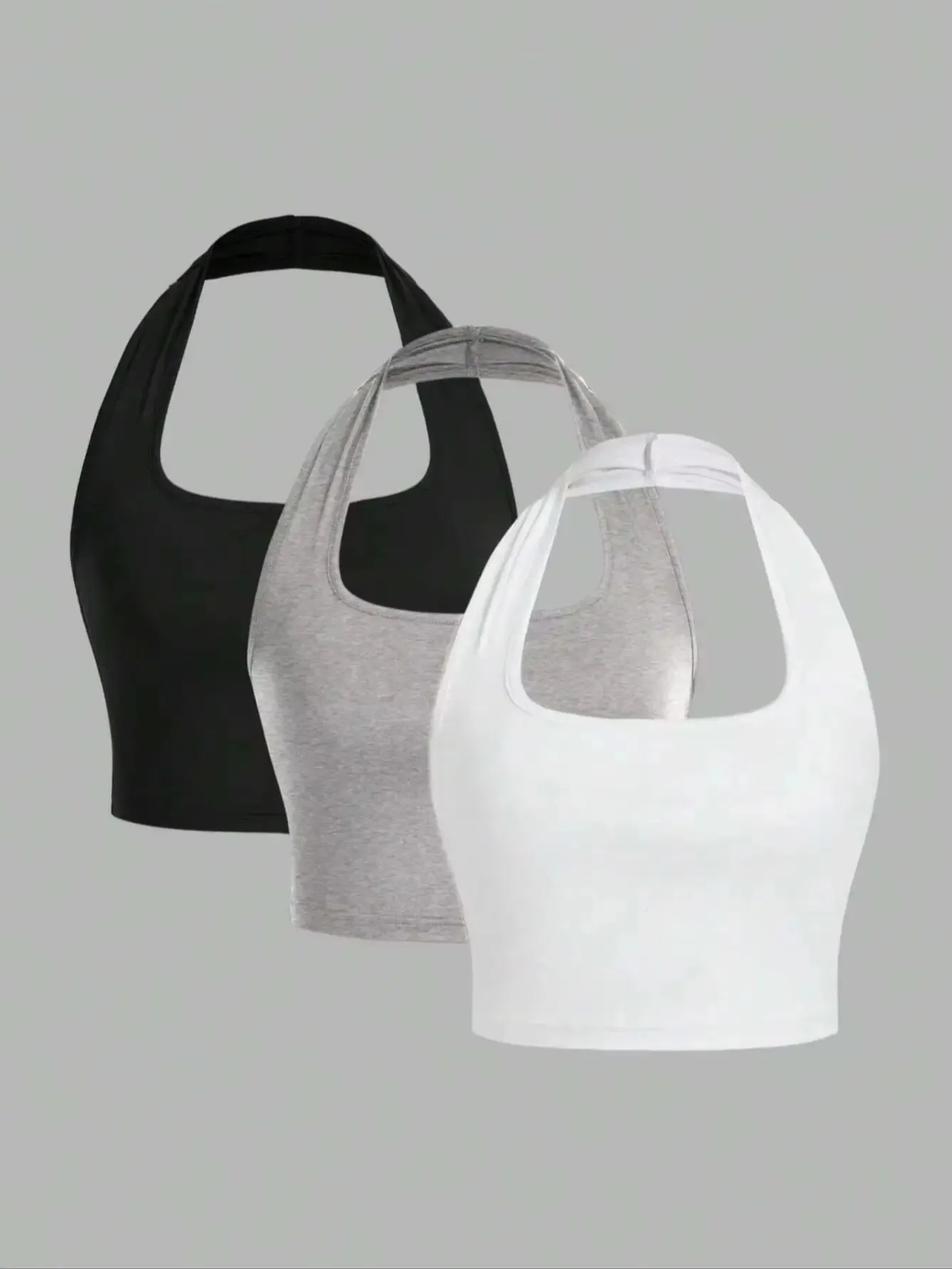 Women's 3 Pack Halter Neck Crop Tank Tops U‑Neck Sleeveless Slim Fit Basic Cami Crop Tops Multipack