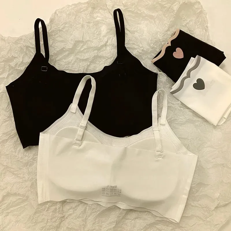 Women's Seamless Bralette Set Wireless Push Up Bra with High Waist Panty Cute Heart Embroidery Lingerie Set for Daily Wear