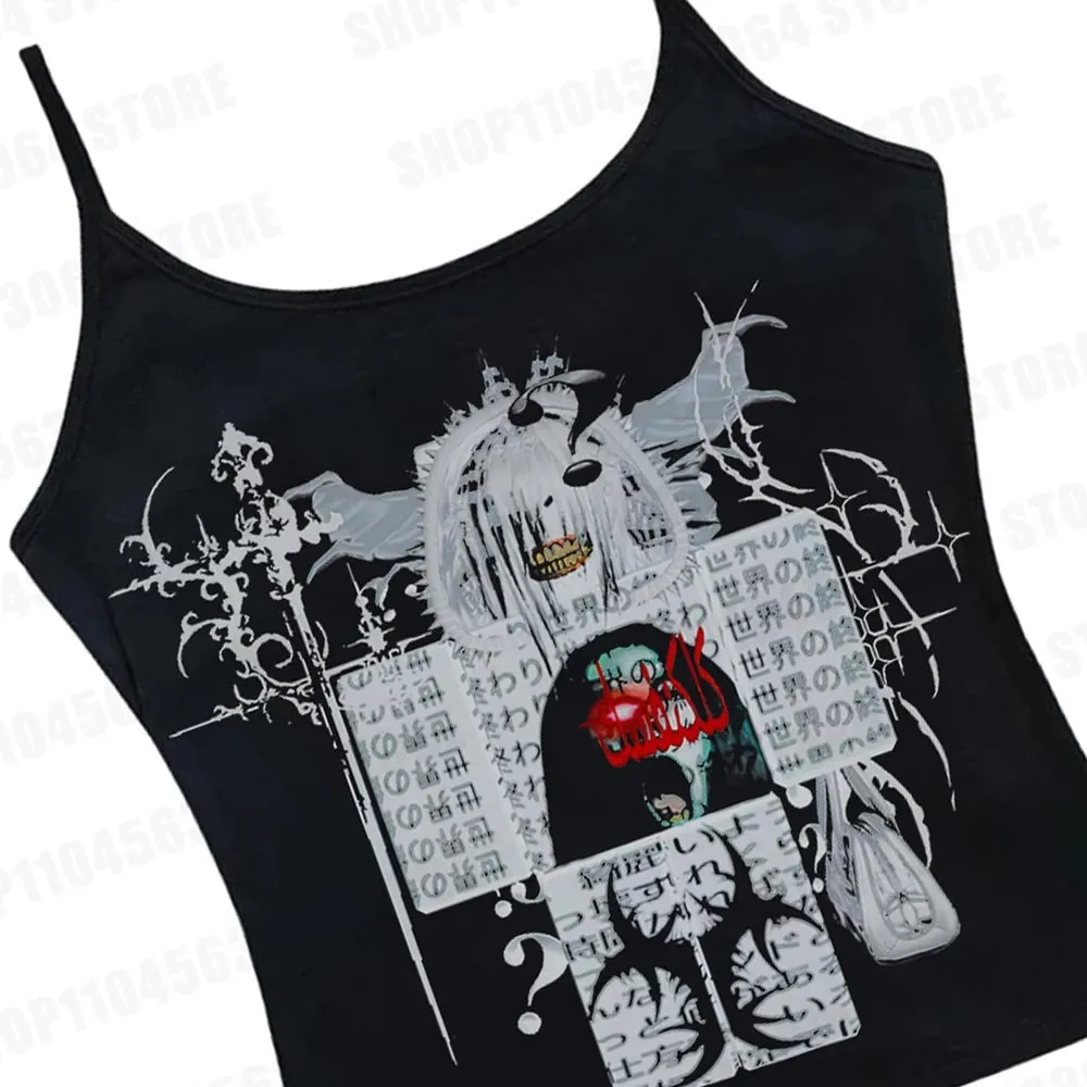 Y2K cut top retro sleeveless vest Gothic Harajuku print cut top punk streetwear aesthetic Emo girl
