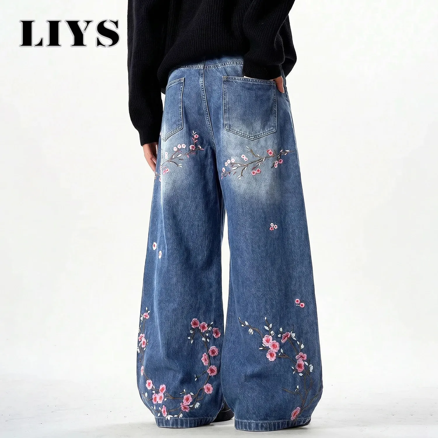Men's Retor Plum Blossom Embroidered Baggy Jeans Blue Washed Wide Leg Denim Streetwear Casual Denim Pants Unisex