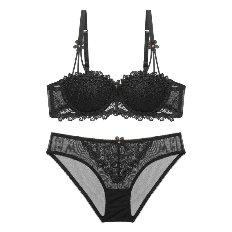 1605European and American Thin1/2Half Cup Bra Lace Sexy Embroidery Lingerie Bra Suit