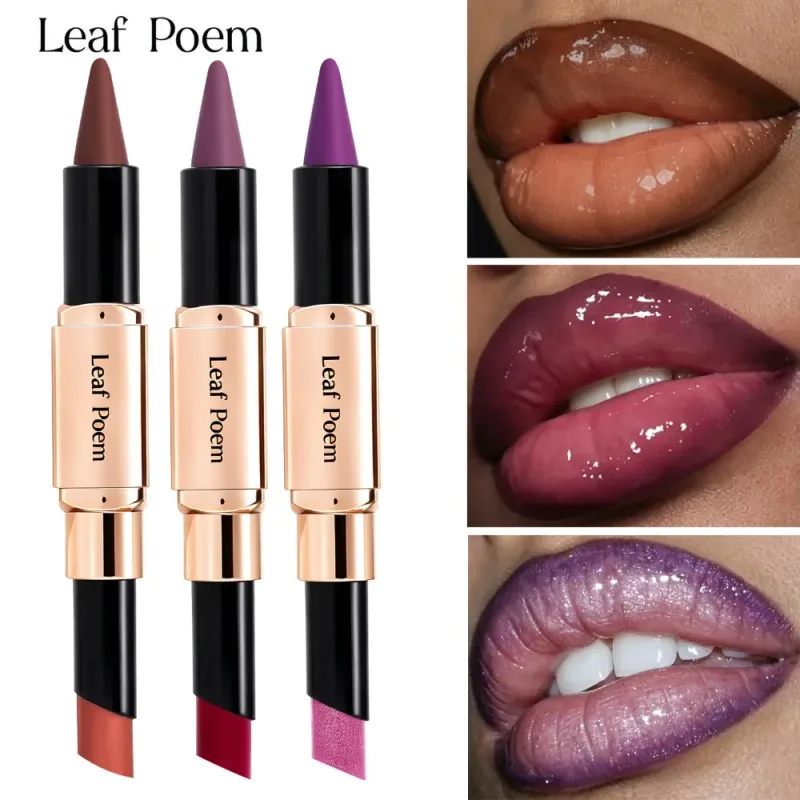 Dual-Ended 2-in-1 Lip Liner Lipstick Waterproof Matte & Satin Finish Slanted Tip Moisturizing Lip Pencil Long Lasting