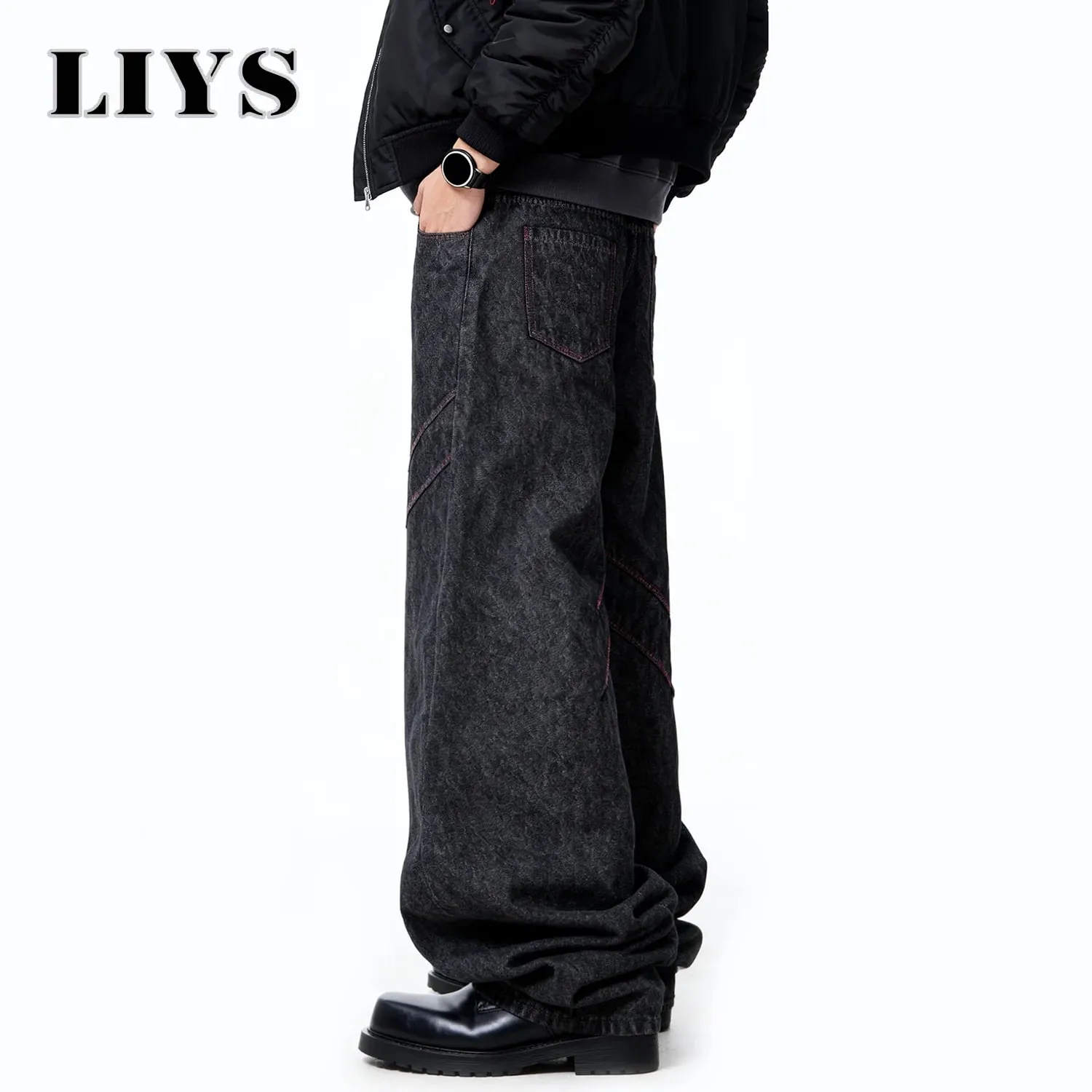Four Seasons American Retro Men's Black Baggy Wide Leg Jeans Basic Business Casual Loose Denim Pants Unisex Street Jeans