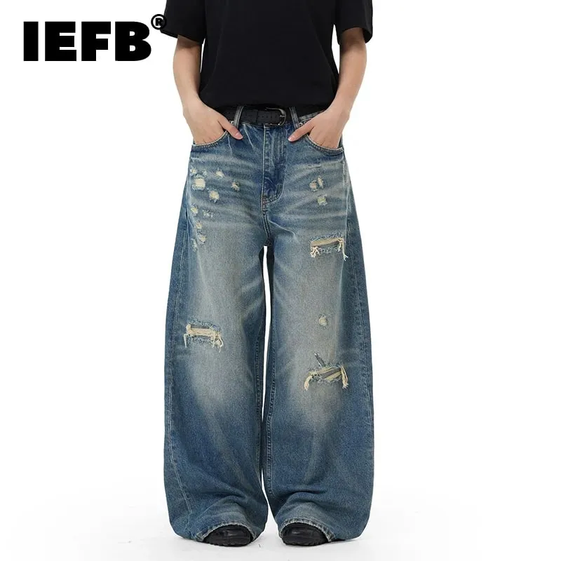 Retro Men's Washed Blue Jeans Distressed Straight Leg High Waist Loose Casual Wide Leg Denim Long Pants Fashion New 9X3258