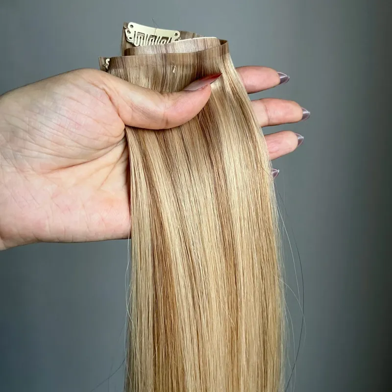 Tape PU Clip In Hair Premium Remy Clip In Human Hair Extensions 7pcs Clip-on Hair 14"-24" 110G Balayage Ombre Mocha Brown Black