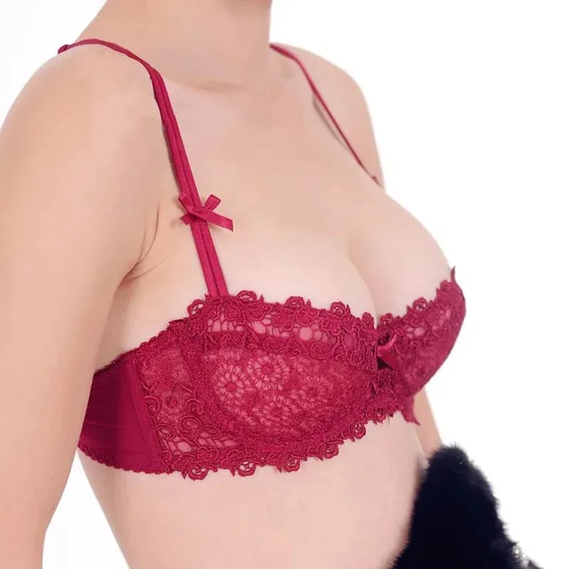 Plus Size Sexy Half Cup Lace Bra Sheer Mesh Unlined Bralette for Women A D Cup Invisible Push Up Underwire Lingerie Set