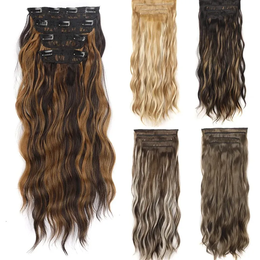 4PCS/Set Clip-in Hair Extensions 20inches Long Water Wavy Synthetic Hair Extensions Thick Hairpieces Fake Hair for Women Girls