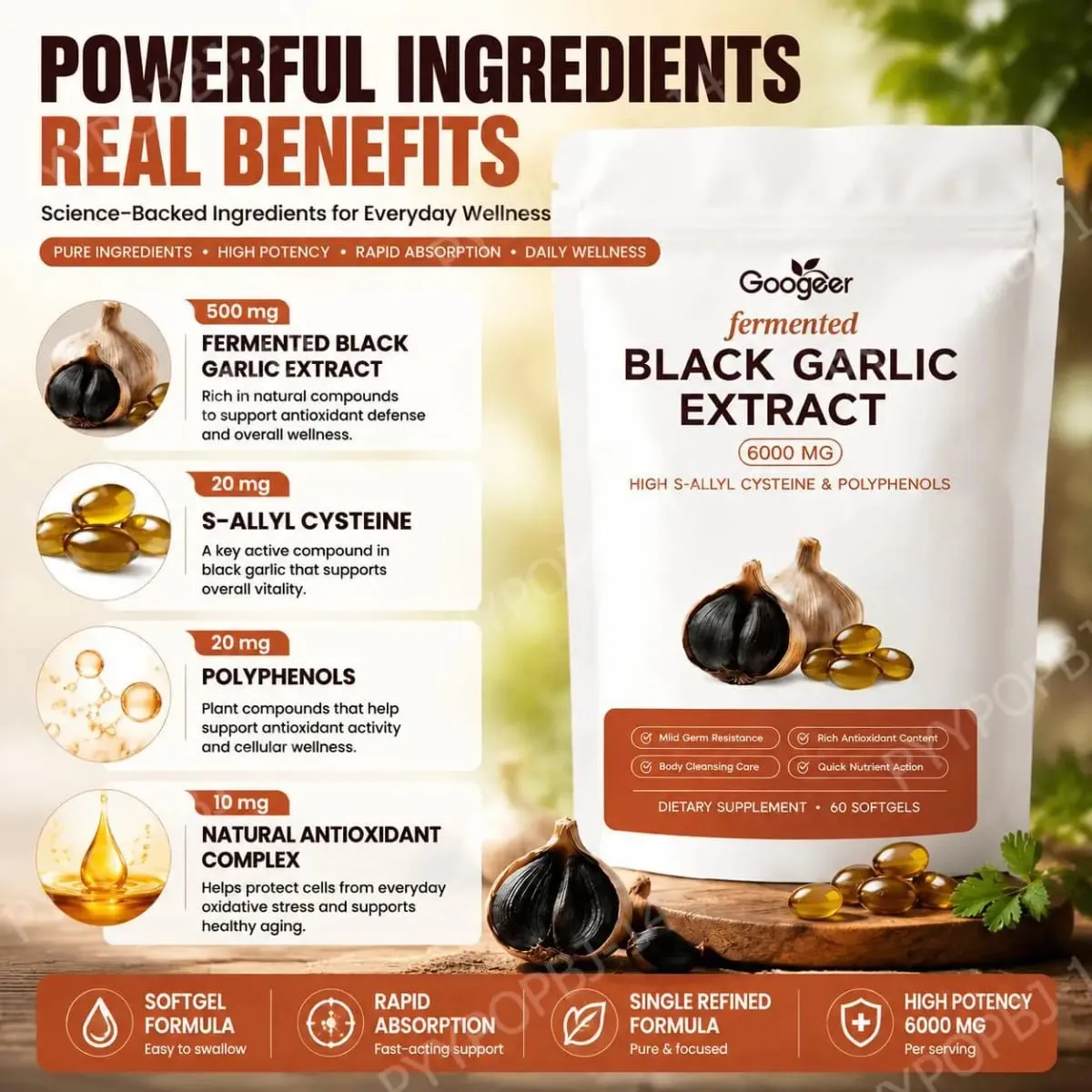 Googeer Fermented Black Garlic Extract Softgels with Antioxidant Protection and S-Allyl Cysteine & Polyphenols 60 Softgels