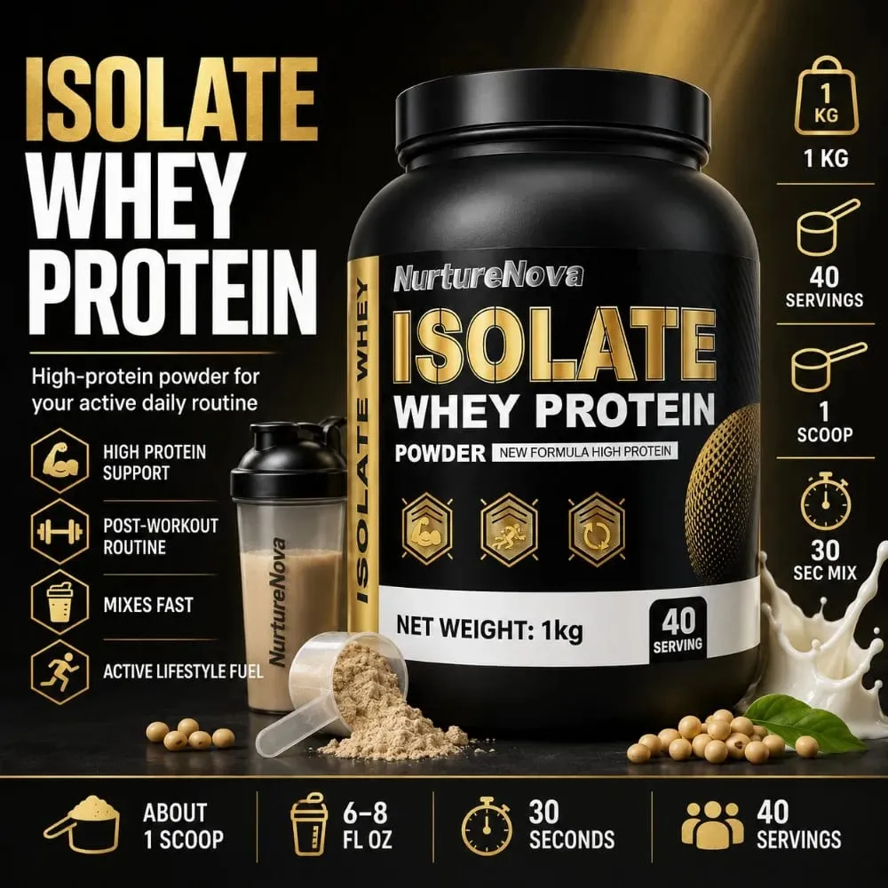 NurtureNova Isolate Whey Protein Powder 1kg High Nutrition Fitness Drink Mix 40 Servings Workout & Daily Support Formula