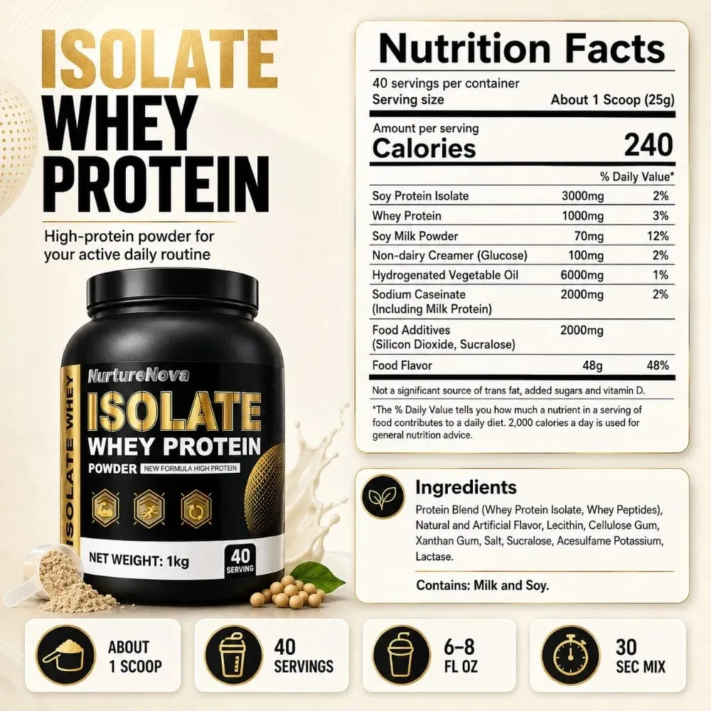 NurtureNova Isolate Whey Protein Powder 1kg High Nutrition Fitness Drink Mix 40 Servings Workout & Daily Support Formula