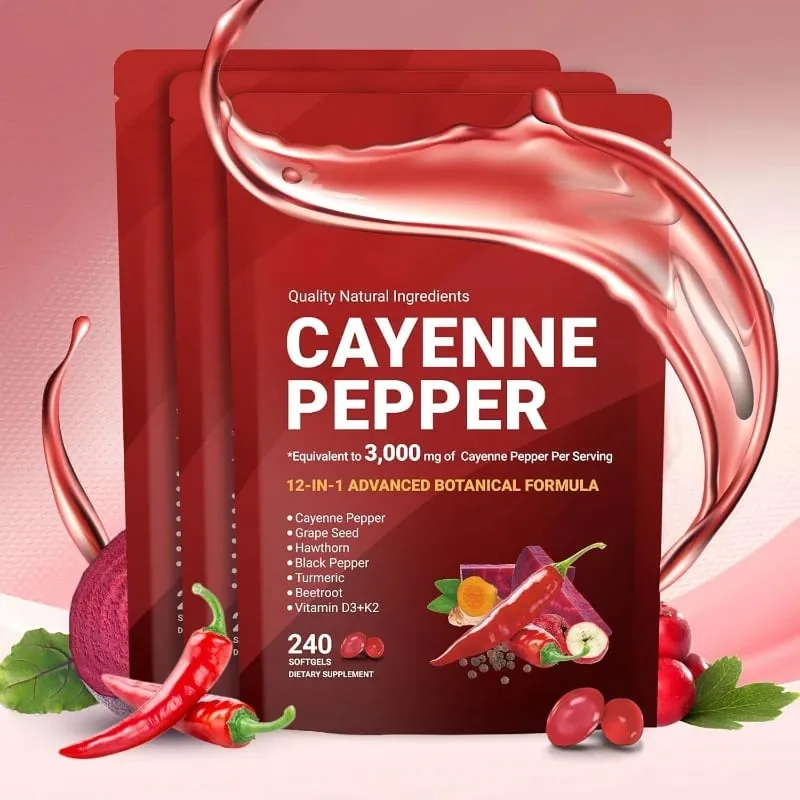 Cayenne Pepper Softgels with Grape Seed Beetroot Turmeric Vitamins D3 K2 E Herbal Supplement