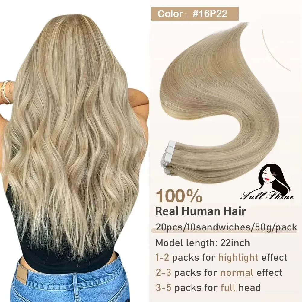Full Shine Tape in Hair Extensions 20Pcs Skin Weft Remy Straight Hair Glue on Brazilian Hair for Women