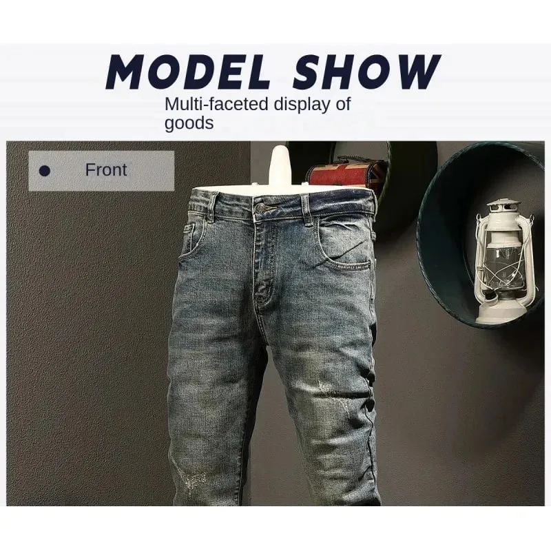 Classic minimalist retro blue jeans men's stretch slim fit 2025 autumn street fashion nostalgic small leg pants