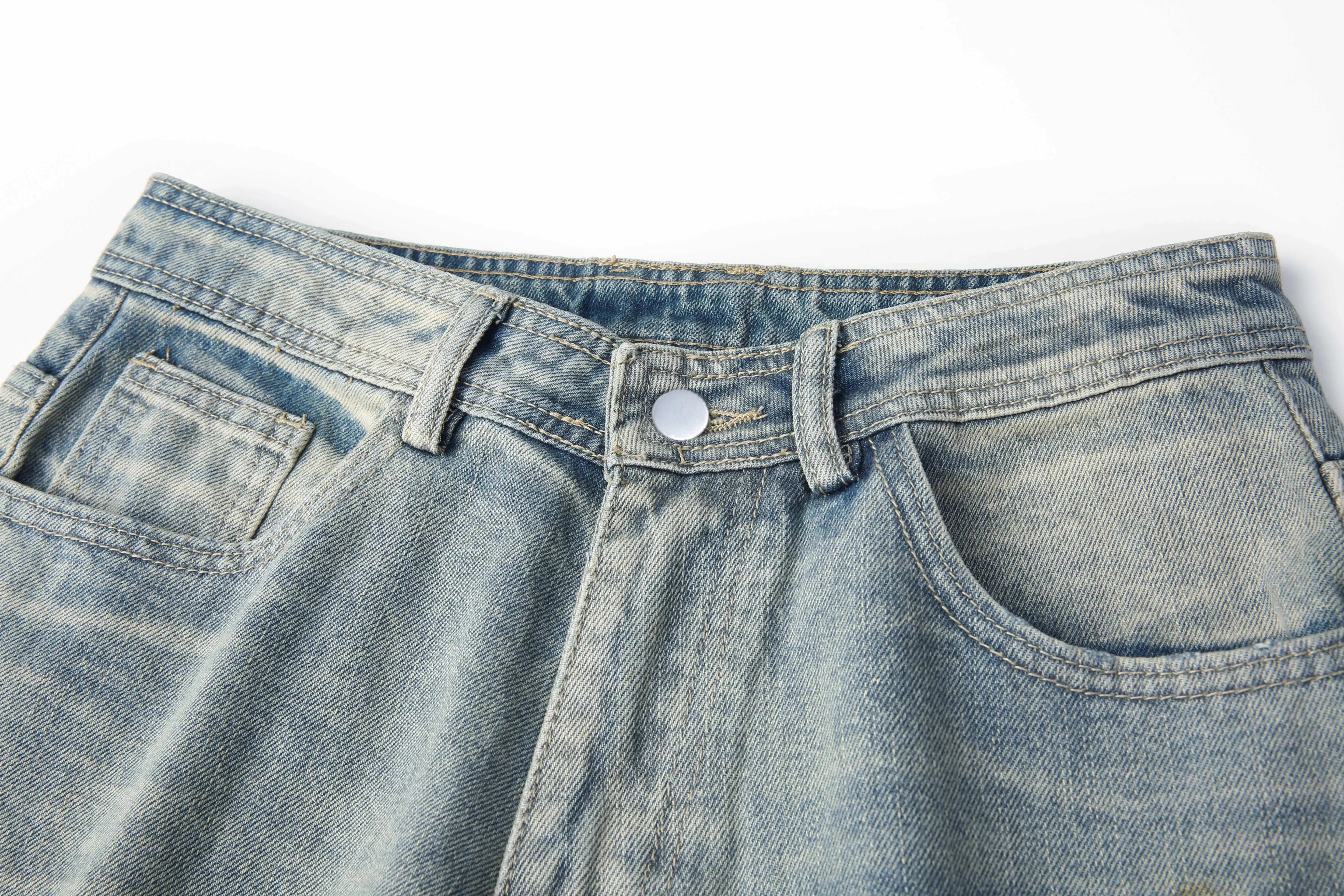 Summer New American Retro Blue Ripped Design Loose Wide Leg Cropped Pants Men's Jeans Man Pants