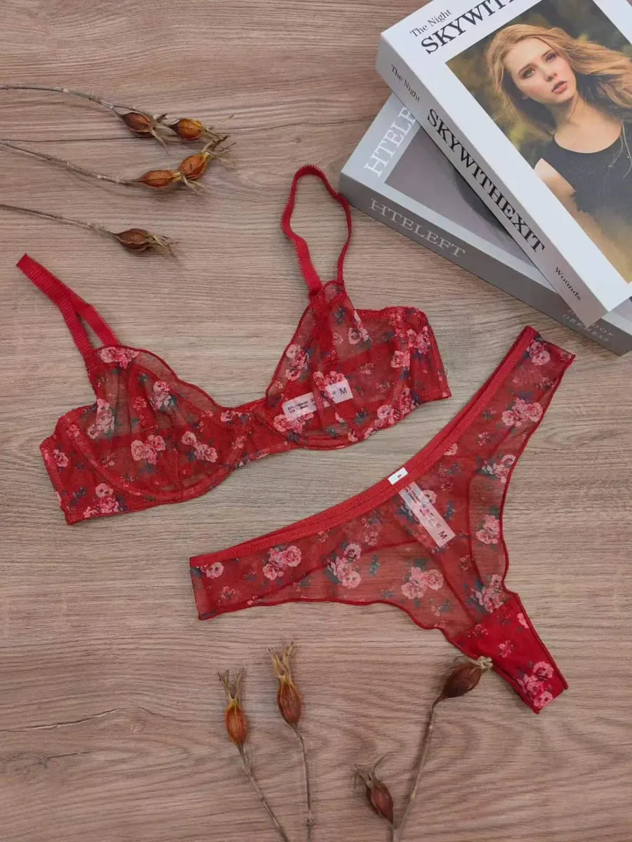 Ultra-thin vintage floral lace underwear large size push up women bra with underpants suit gathering lingerie briefs sets