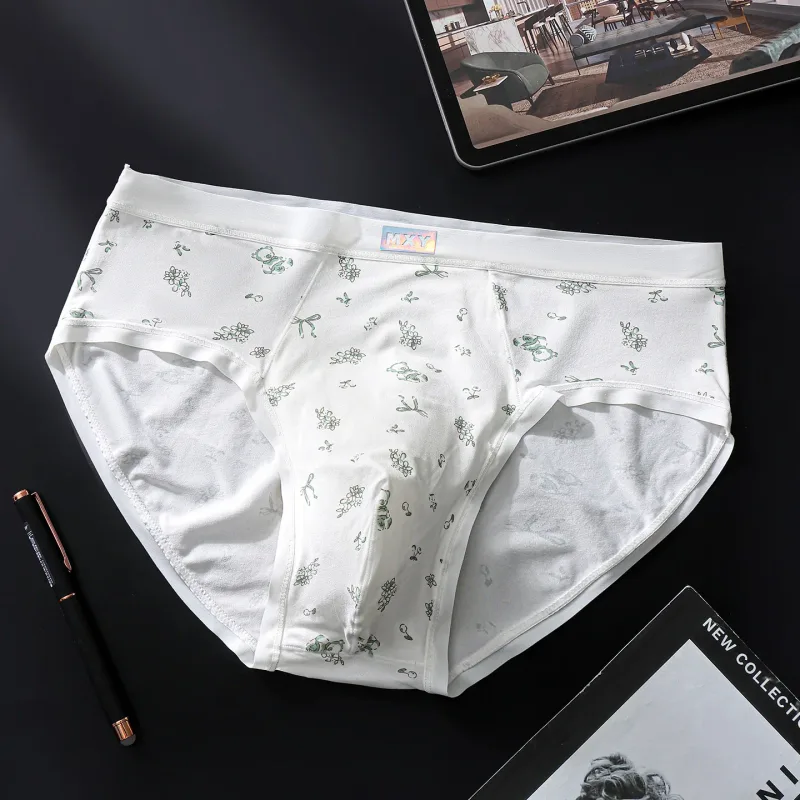 Men Sexy Briefs Sissy Lingerie Ice Silk Floral Print Panties U Convex Pouch Underwear Thin Daily Underpants Calzoncillos Hombre