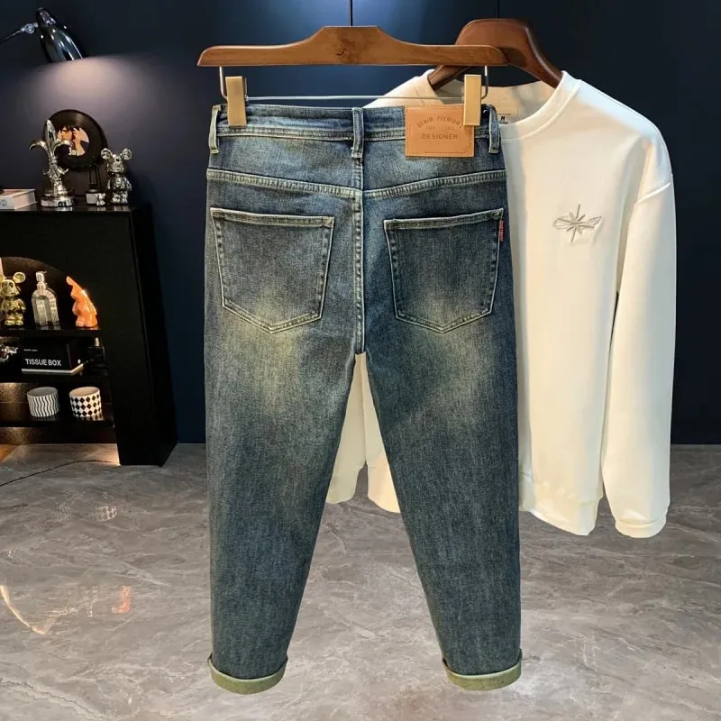 2025 autumn new jeans men's high-end street trend stretch slim fit small feet retro fashion casual pants