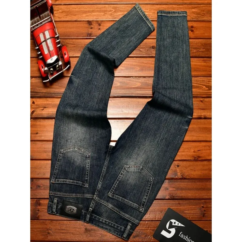 High end retro jeans for men slim fit small feet light luxury trend autumn style simple and casual long pants