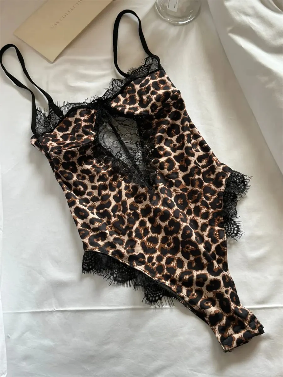 Sexy Leopard Print Halter Bodysuit for Women Thin Stretch Lace Lingerie One-Piece with Hanging Neck
