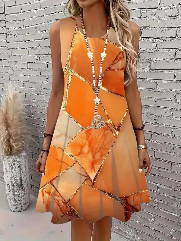 2026 Summer Women's Sleeveless Dresses Knee-Length Round-Neck Dresses Beachy Casual Dresses 3D-Printed Loose-Fitting Dresses
