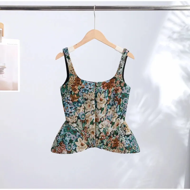 Vintage Floral U Neck Spaghetti Strap Corset Cami Top Curved Hem Fitted 2026 Summer Women Slim Tank Causla Versatlie Lady Top