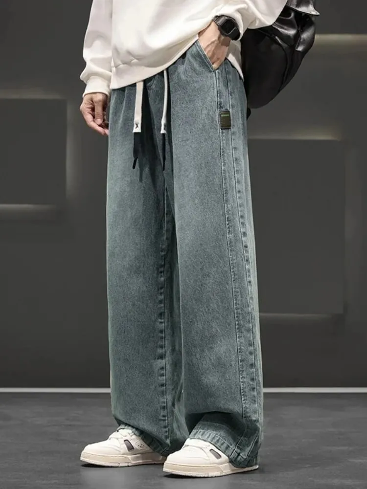 Spring New Wide Jeans Men Straight Vintage Drawstring Trousers Loose Pants Casual Solid Color Fashion Pants Big Size