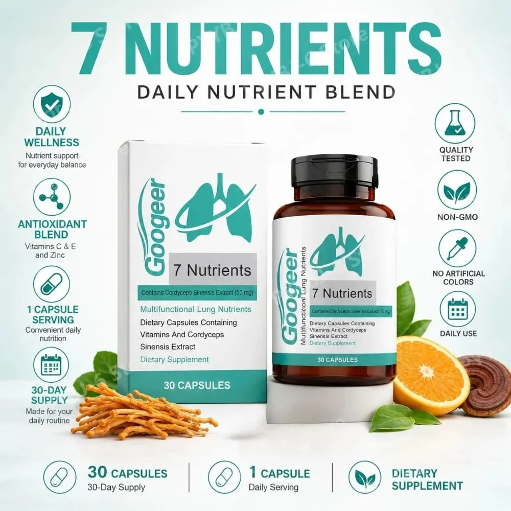 Googeer 7 Nutrients Lung Nutrition Capsules with Cordyceps Sinensis Extract &Vitamins Daily Respiratory Wellness Supplement 30Ct