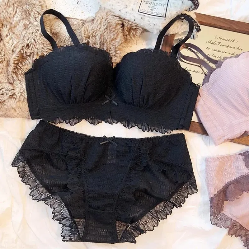 Söt kontrastfärg Spets tunna underkläder för unga flickor Intimates One-Piece Sömlös liten BH och trosset Bomullsunderkläder