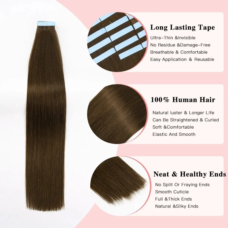 Brown Tape in Hair Extensions 100% Remy Human Hair Extensions Straight Seamless Skin Weft Tape in Extensions for Women 20pcs