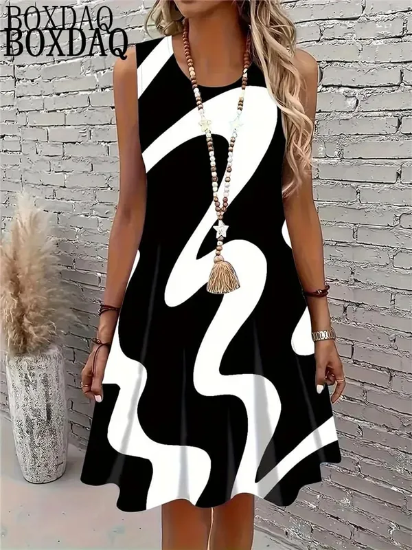 New 2026 Summer Dresses Women's Abstract Tie Dye 3D Print Dress Fashion Casual Sleeveless Beach Loose Short Dress Sundress Vest — image 8