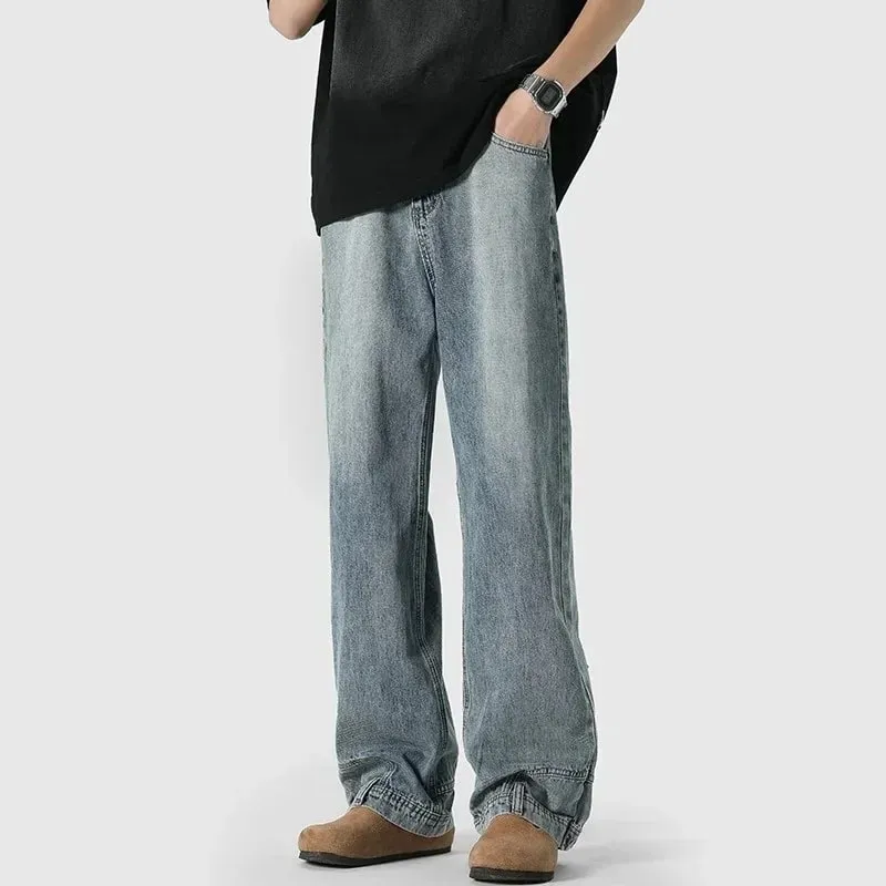 Jeans larghi alla moda da uomo autunno High Street Design con tasca inversa Pantaloni dritti a gamba larga in denim Tinta unita Y2K Vintage Jean