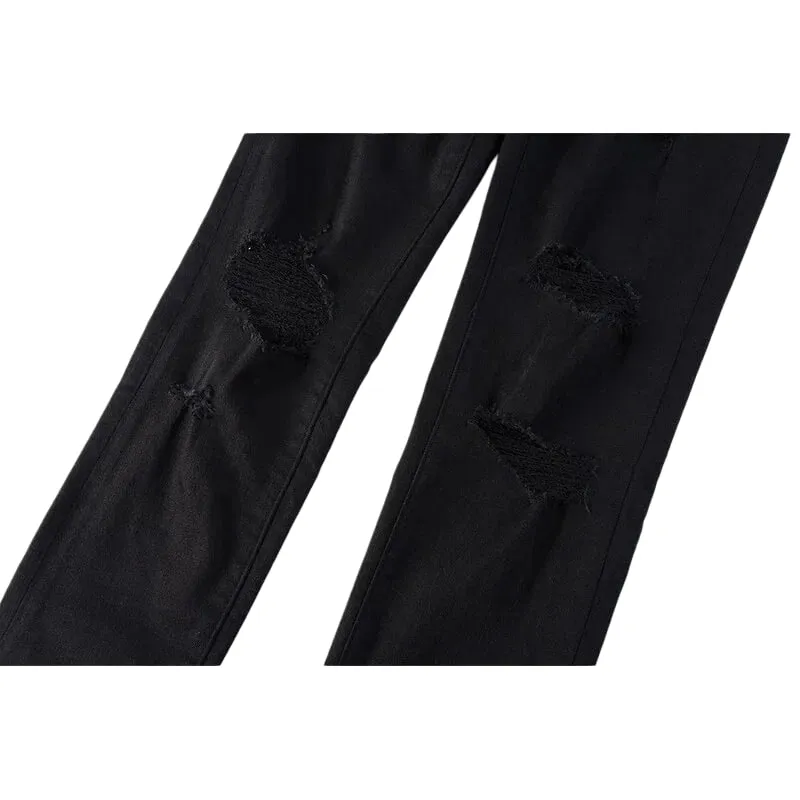 Men's Multiple Knee Ripped Slim Tapered Jeans Mid Rise Vintage Black Wash Heavily Frayed Button Fly High Street Style