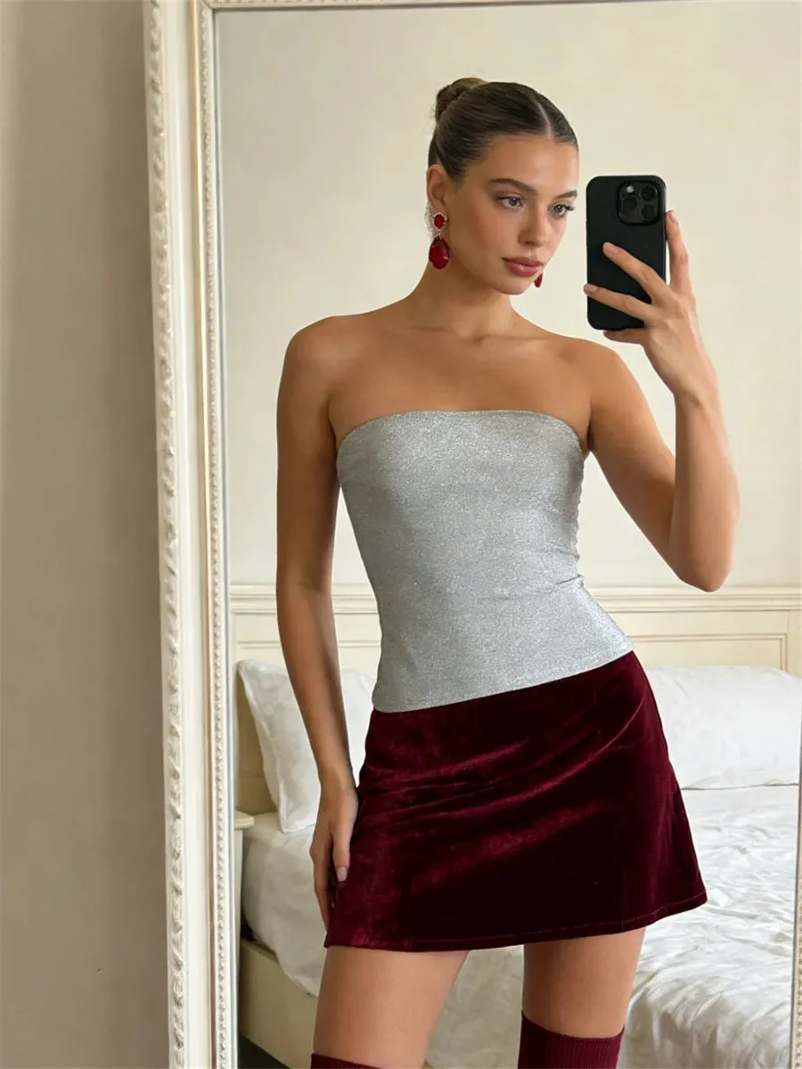 Women Sequined Tube Tops Strapless Sleeveless Slim Fit Cropped Vest 2026 Summer Club Street Tank Tops