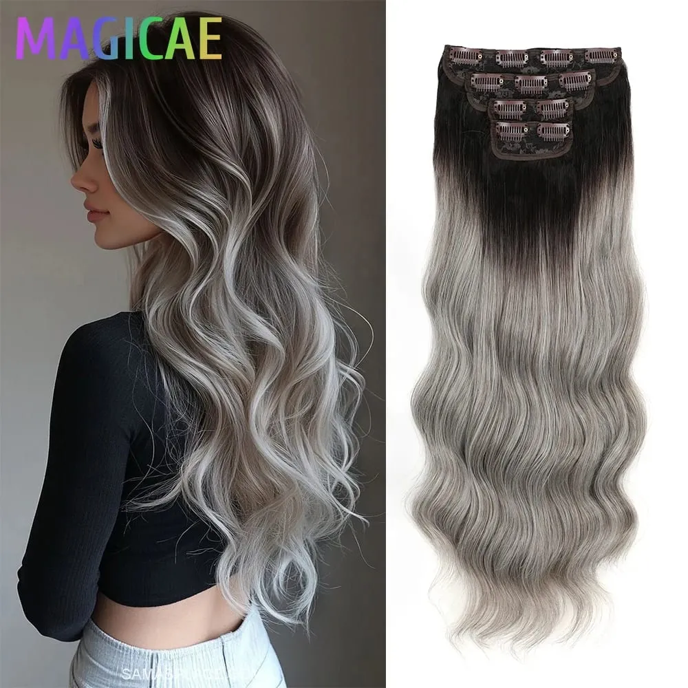 24Inch Clips Body Wave Bundle Ombre Grey Blonde P27/613 4Pcs/Lot Clip In 220g Ombre Brown 6# High Temperature Bio Synthetic Hair