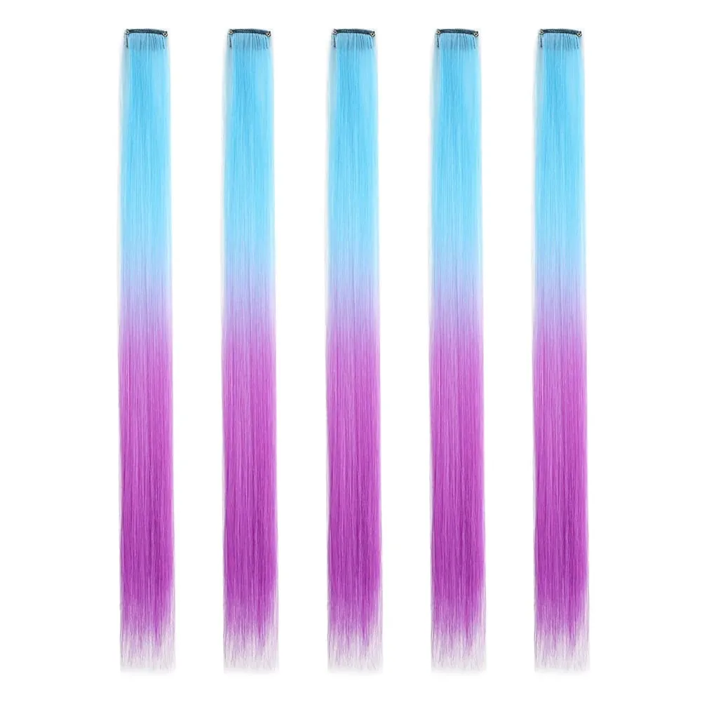 Extensions de cheveux synthétiques à clips, postiches colorées à reflets de fête pour filles, cheveux lisses multicolores de 18 pouces, 5 pièces/ensemble