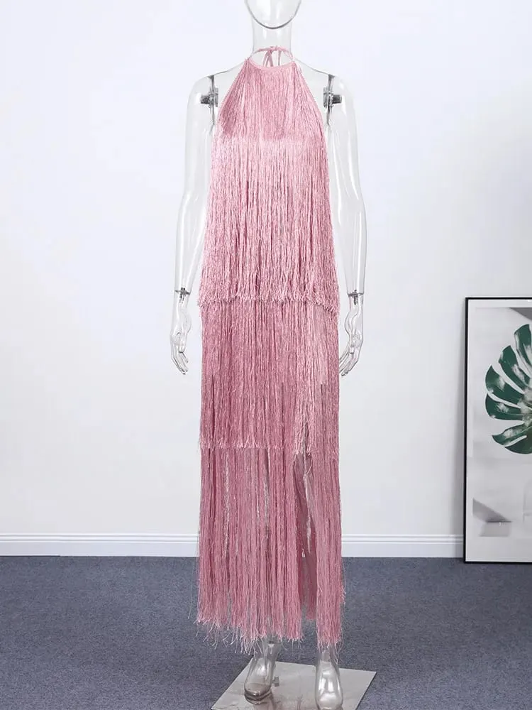 Party Women's Dress Halter Sleeveless Backless Tassel Solid Female Long Holiday Dresses 2026 Summer Fashion Elegant Lady Robe
