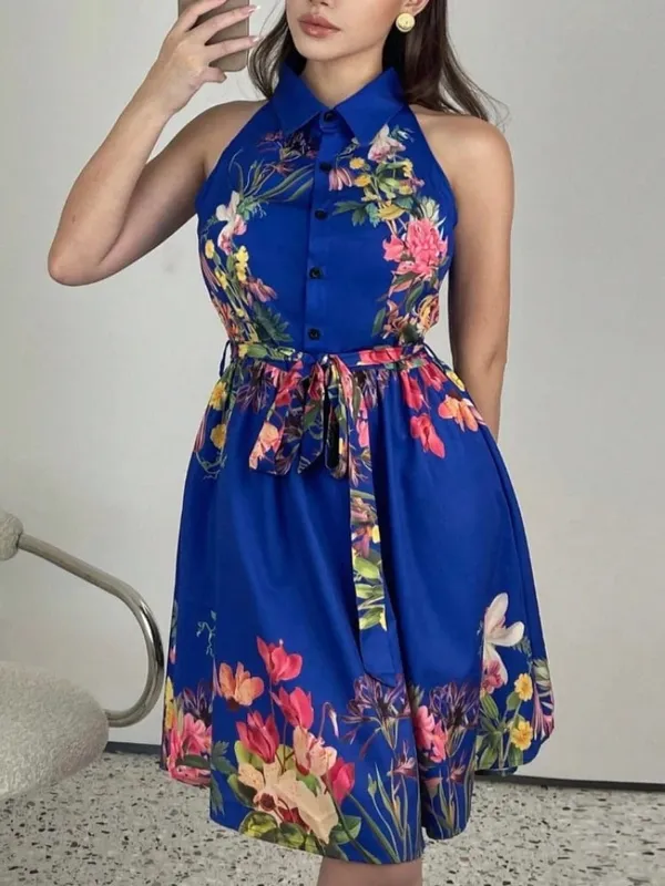 A Line Vestidos Y2k Street Wear Halter Print Floral Elegant Splice Party Night Work High Waist Short Dress Women Dresses