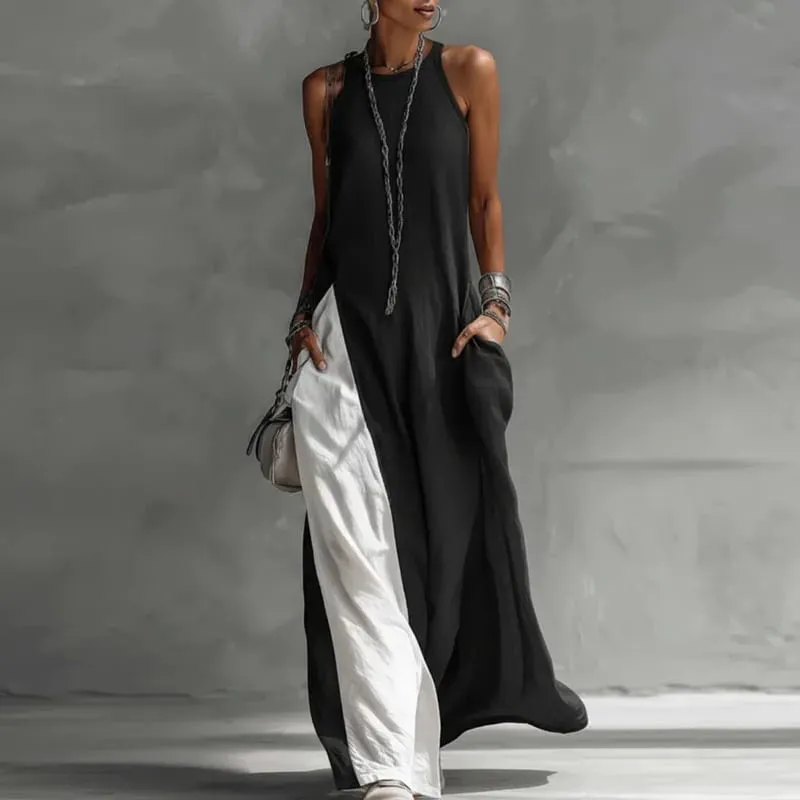 Casual Sleeveless Summer Boho Vacation Maxi Dress Woman Sexy O Neck Contrast Color Long Dress Spring Pocket A-Line Party Dresses