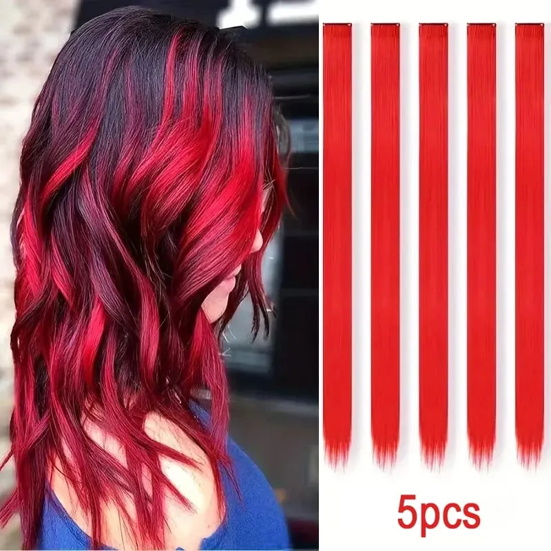 22Inch Synthetic Long Straight 5pcs Clip in Hair Extension Colored Rainbow Hairpieces for Women Daily Use