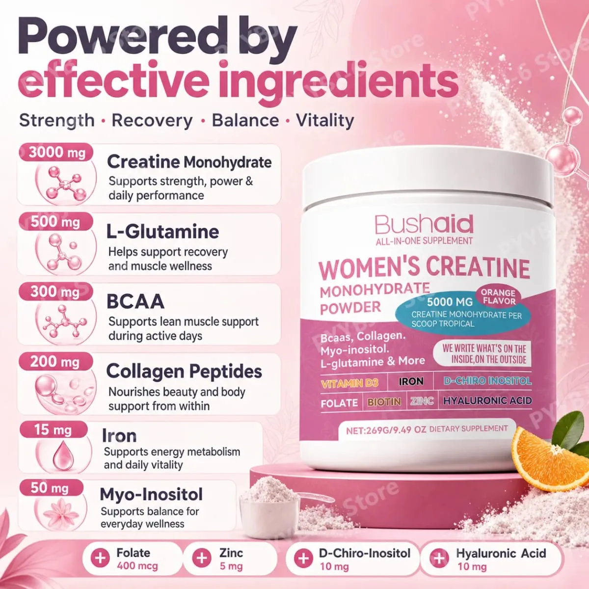BushAid Women's Creatine Monohydrate Powder 5000mg 269G Orange Flavor with BCAA Muscle Strength Workout Support 30 Servings