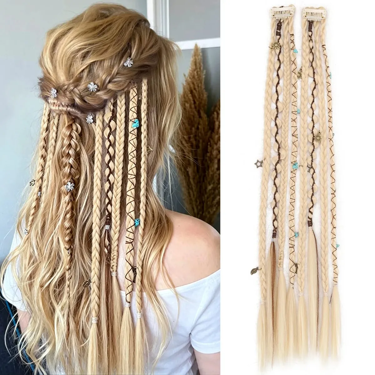 20 Inches Bohemia Clip in Hair Extensions Handmade Synthetic Weaving Clip-on Long Braid Fairy Hair Synthetic Hair Extensions