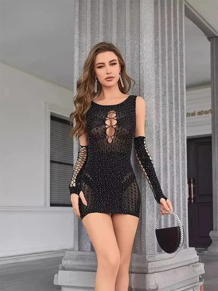 2ks dámské sexy šaty s drahokamy, vyhloubené, elastické šaty, prodyšné mini šaty a rukavice ve střihu Party Club Street Wear