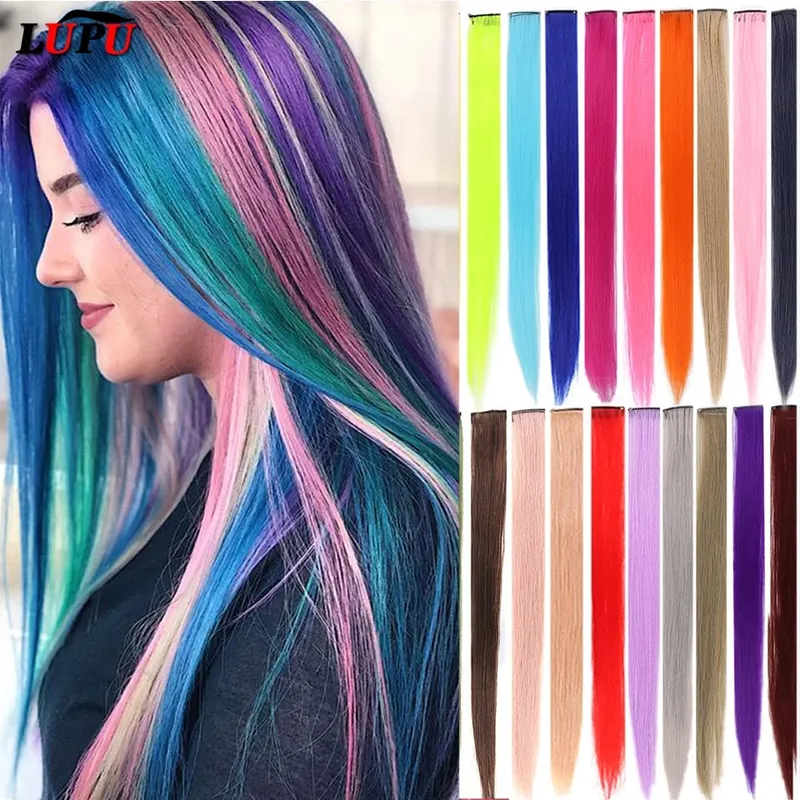 Extensions capillaires synthétiques à reflets colorés de 22 pouces, postiches longues et lisses arc-en-ciel pour femmes et enfants filles, violet, rose, bleu